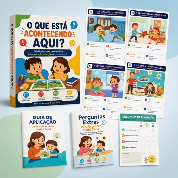 Kit O que está acontecendo aqui com cenas ilustradas, guia de aplicação, perguntas extras e checklist